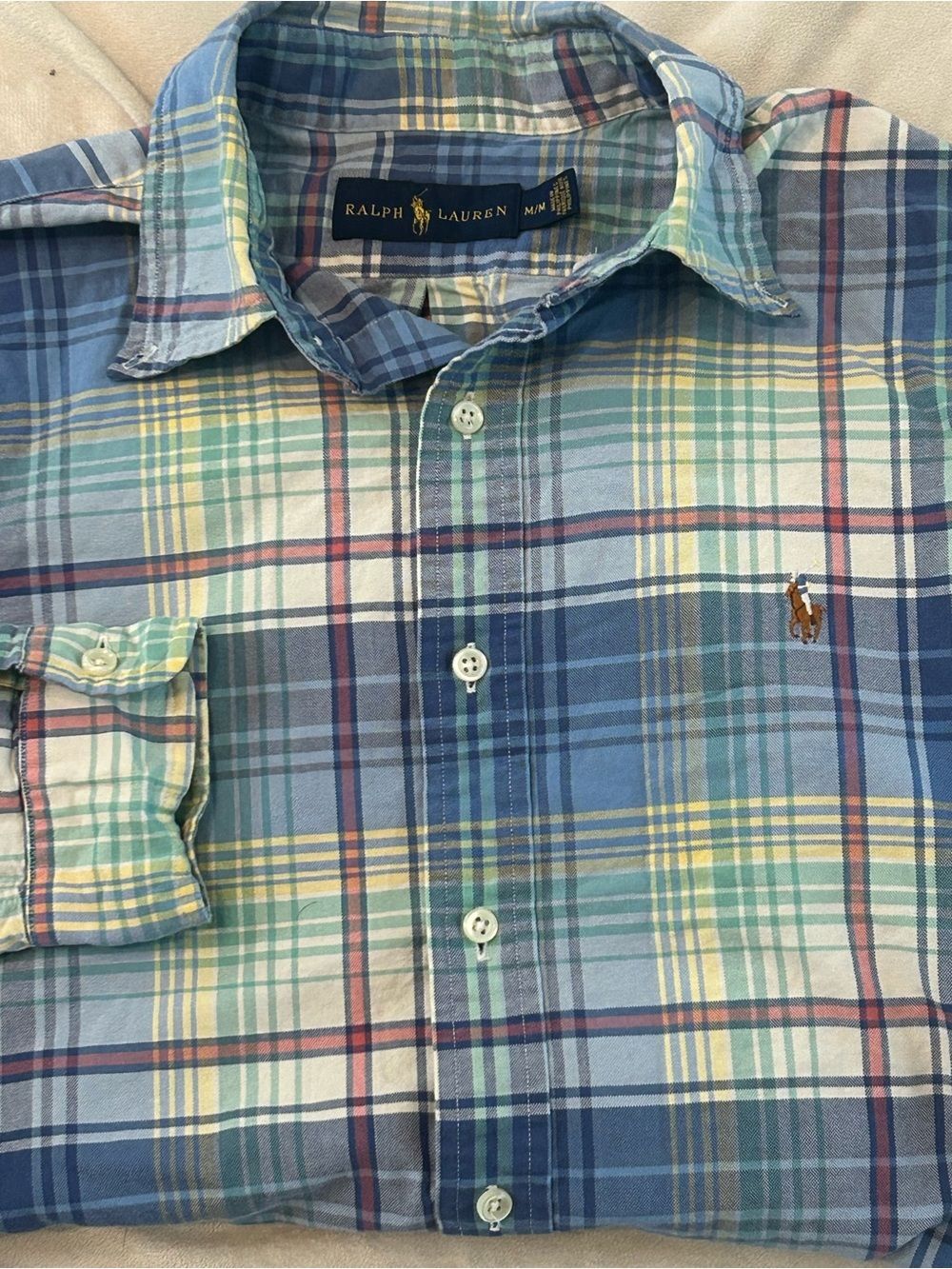 Polo Ralph Lauren Men M Plaid Button Down Shirt Cotton Long Sleeve Blue Green
